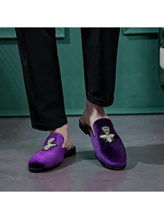Men\'s Purple Rubber Sole Velvet Leather Crown Embroidery Slip On Loafer Slippers main image 4